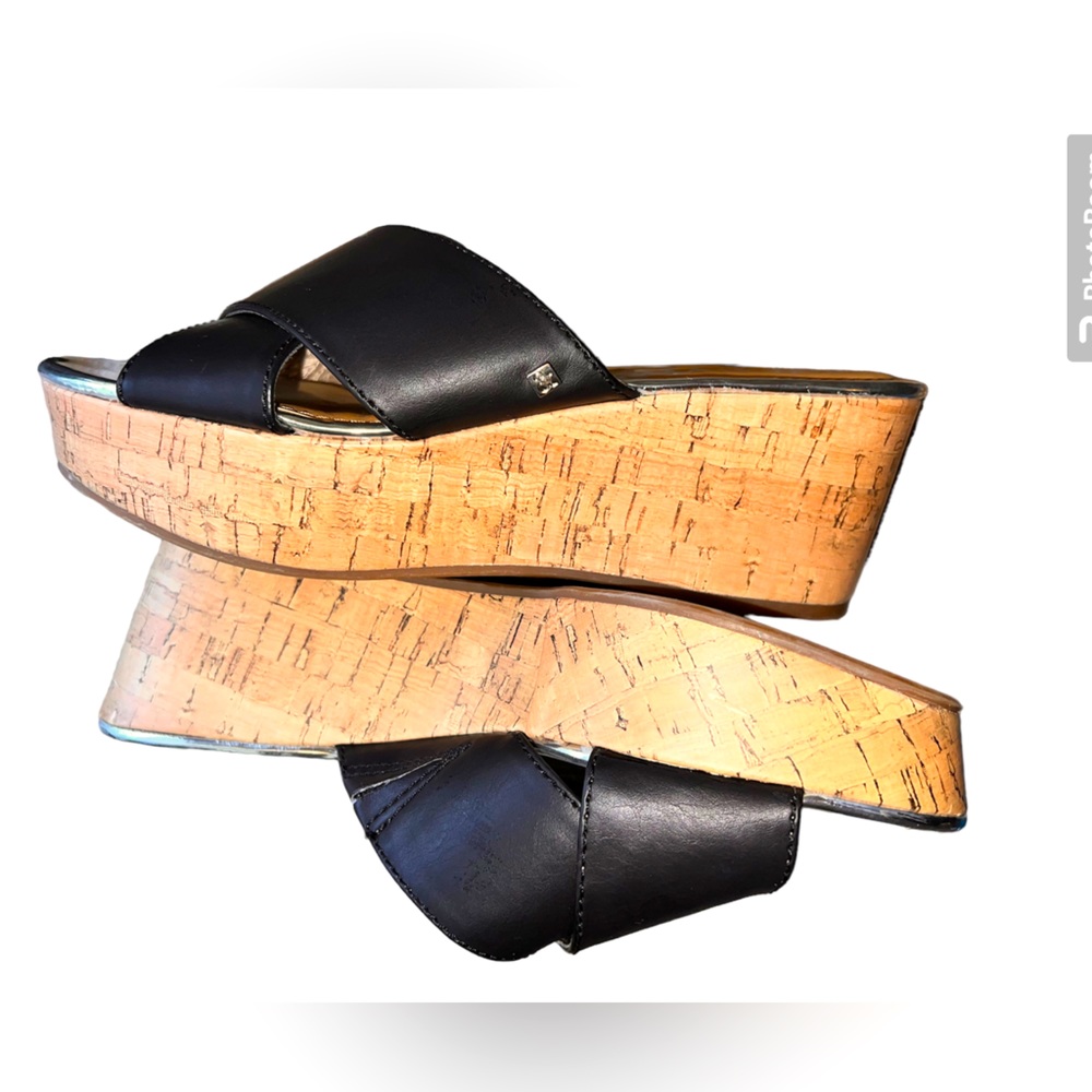 Sam & Libby black cork wedge platform heels, black slide on, size 7